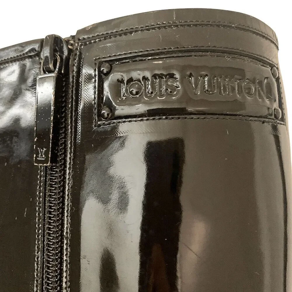 Louis Vuitton Black Patent Leather Knee High Heeled Boots EU 36.5 Square Toe